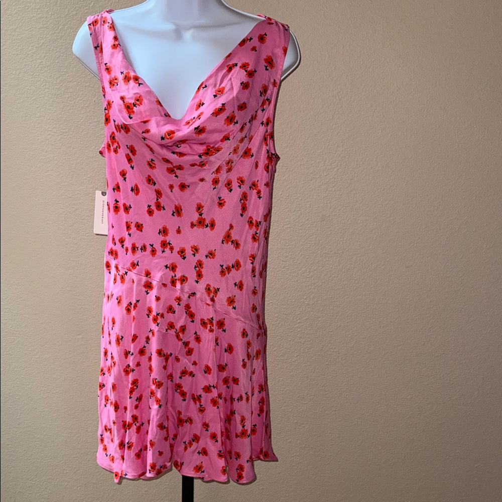 NWT Anthropologie Cowl Neck Pink Orange Floral Mini Satin Dress Women’s Size S